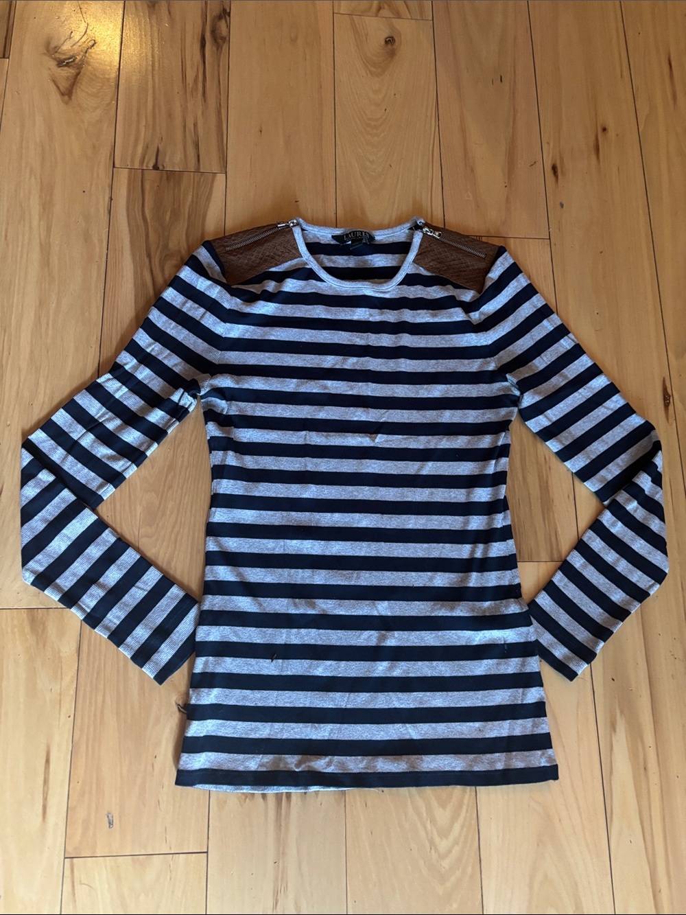 Striped Ralph Lauren Long Sleeve Top with Faux Leather Shoulder Detail -